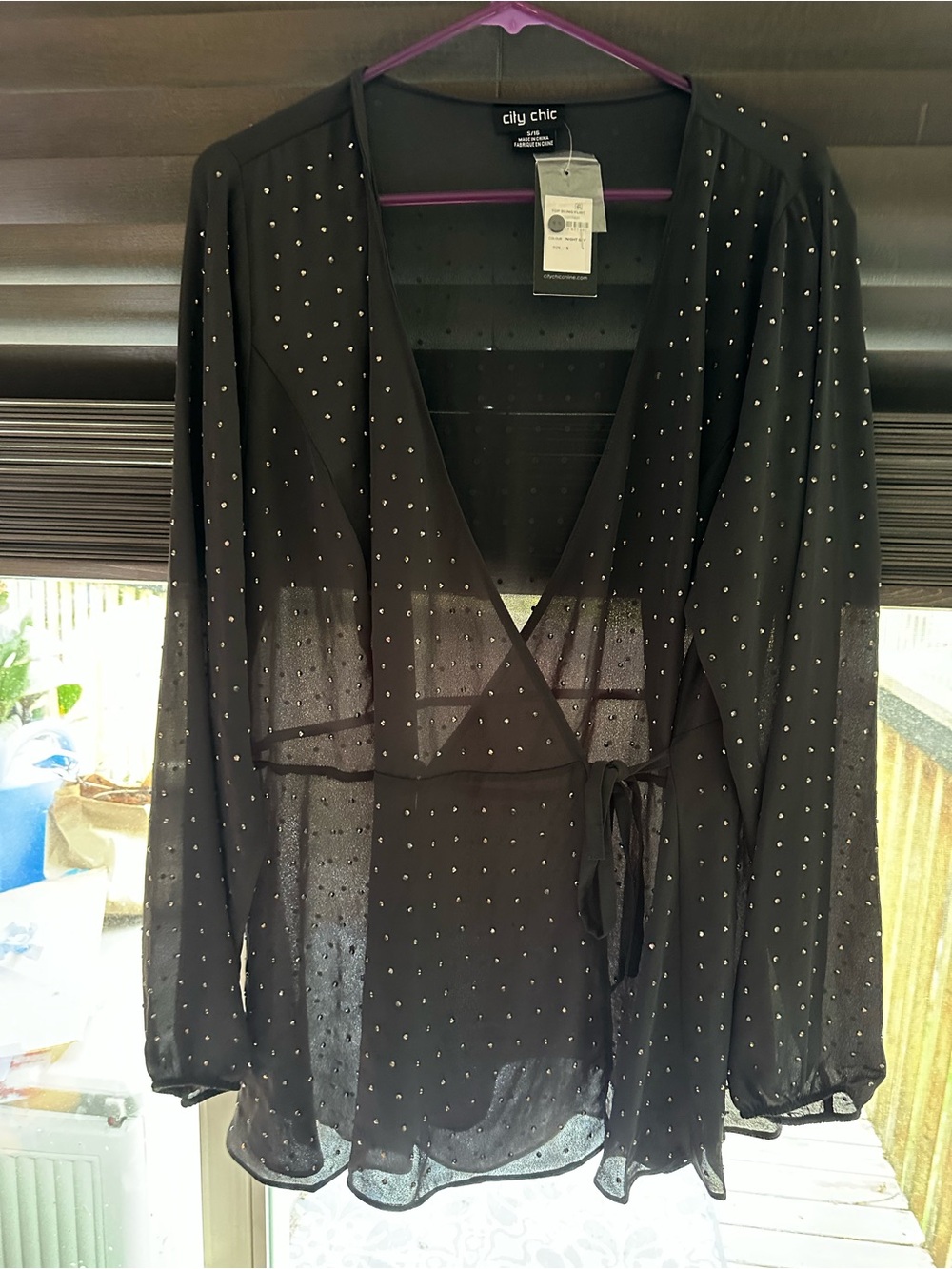 NWT City Chic dark grey Sheer Wrap Top with Stud Accents S/16